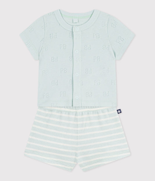 2-delt sæt m/ shorts i bomuldsfrotté/t-shirt med hulmønster