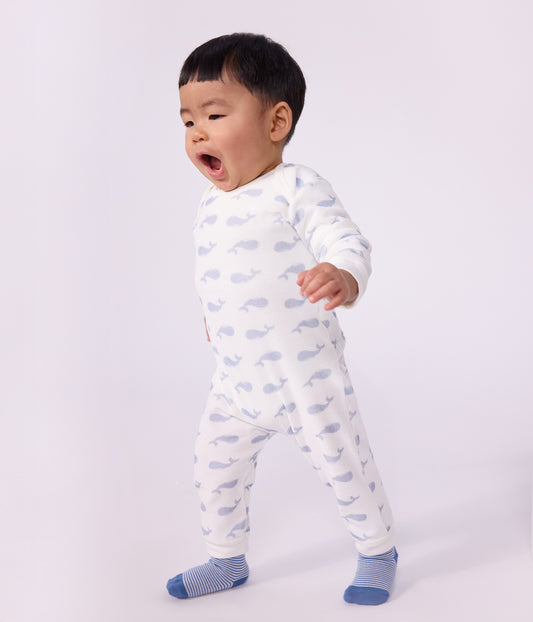 Pyjamas uden fødder i velour med hvalprint - MARSHMALLOW/POLAIRE