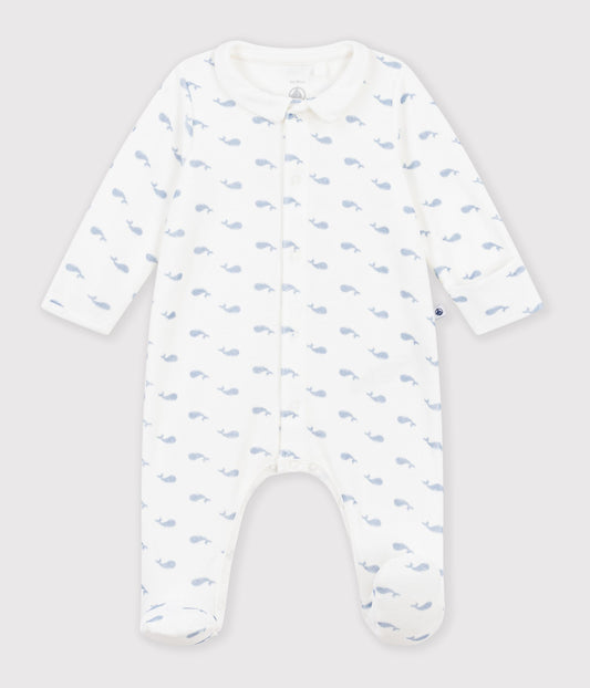 Pyjamas i velour hvalprint - MARSHMALLOW/RIVIERA