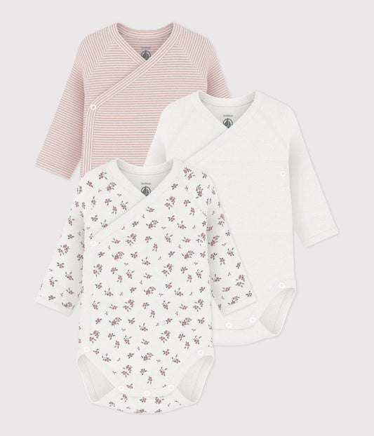 3-pak langærmede krydsbody - floral, milleraies lyserød, hvid