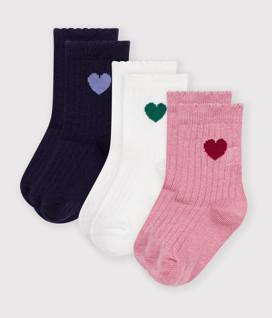 3-pak strømper med broderet hjerte til baby - Smoking/hvid/gammel rosa
