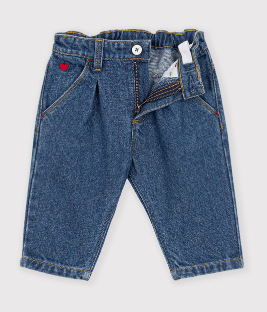 Denimbukser til baby med broderet hjerte - Denim Moyen