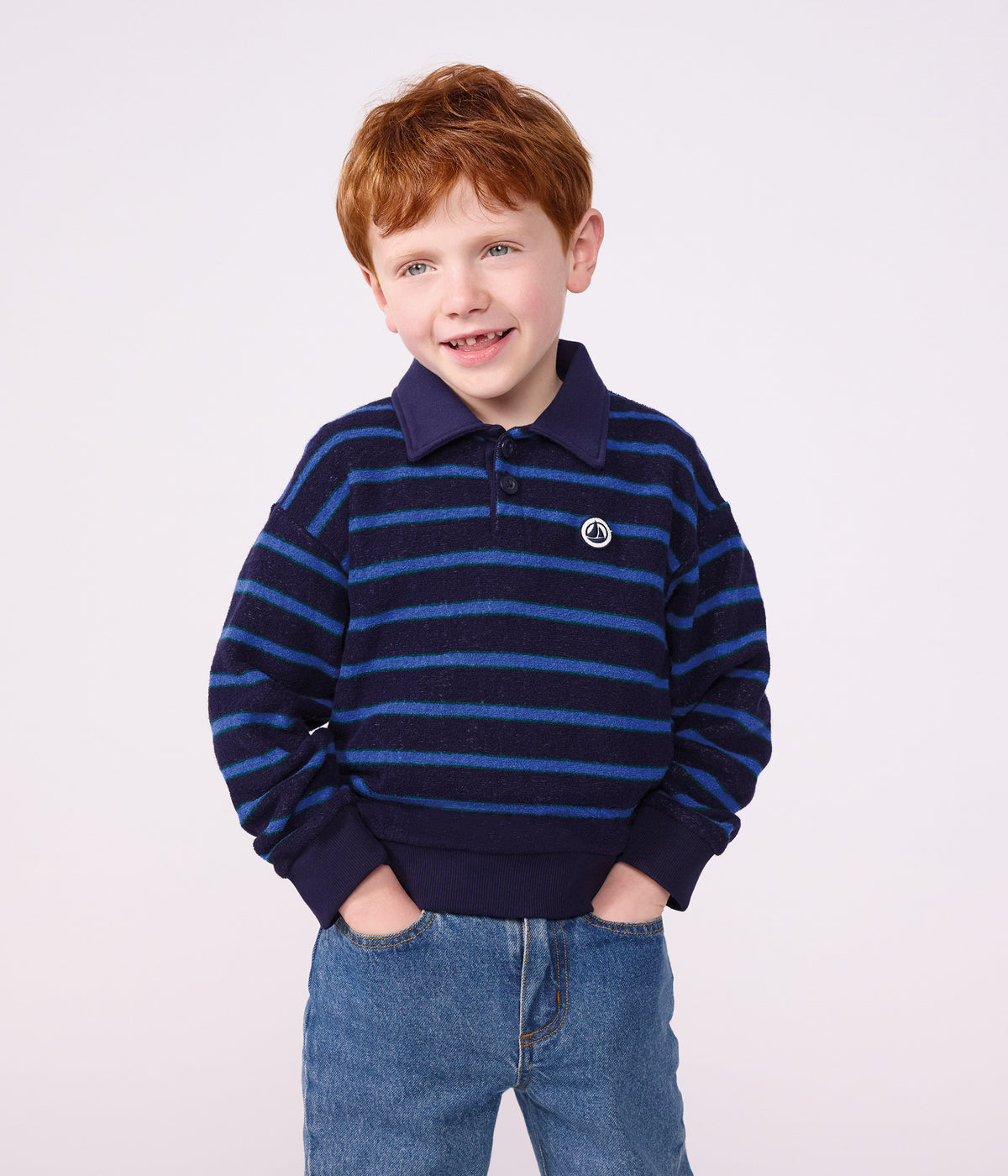 Stribet polo sweatshirt til børn - SOIR/TREE/ULTRAMARINE