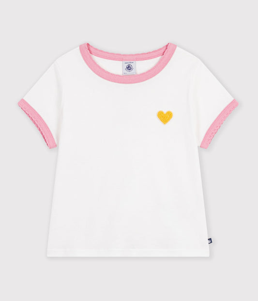 T-shirt med broderet hjerte til børn - Lyserød bølgekant