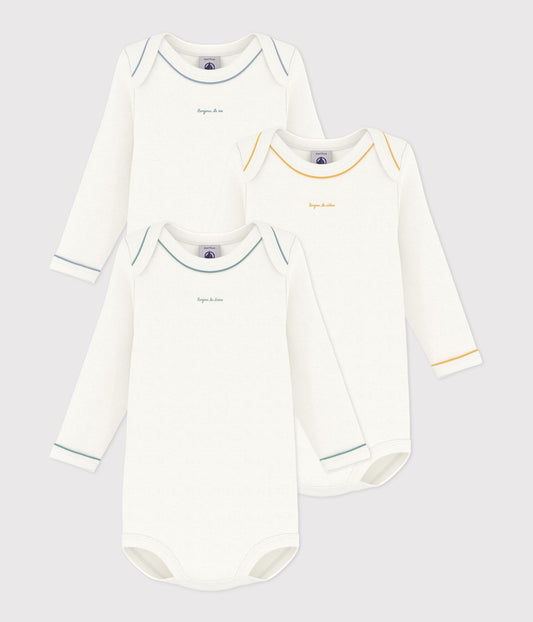 3-pak langærmede body - hvide/farvet kantbånd