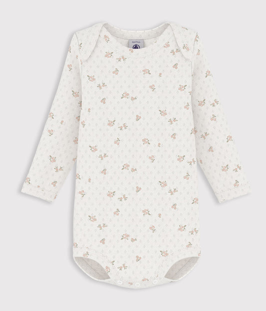 Langærmet body i pointelle - Marshmallow/Floral