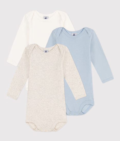 3-pak langærmede body - ensfarvet lyseblå/beige/hvid
