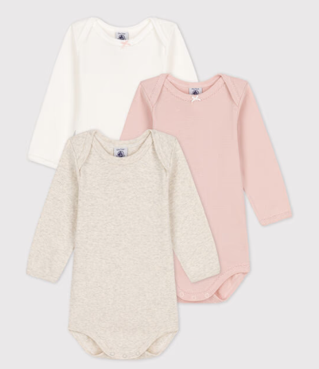 3-pak langærmede body - ensfarvet lyserød/beige/hvid